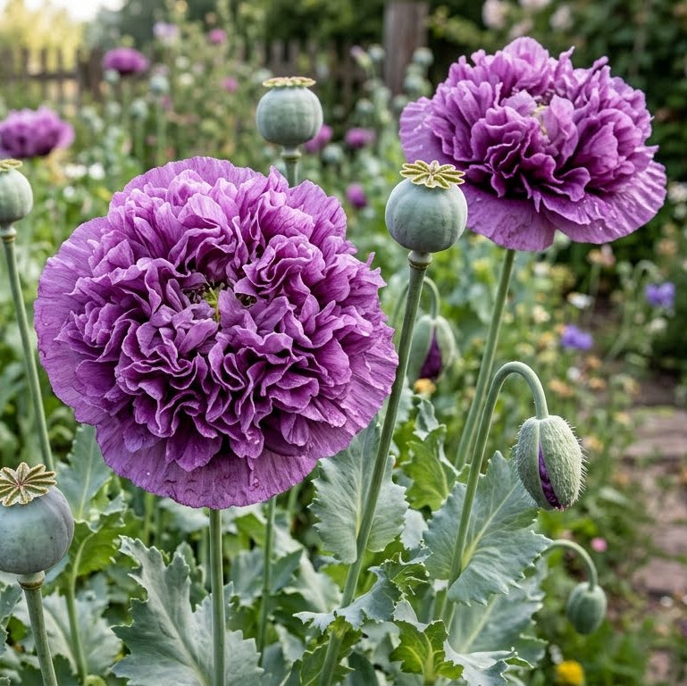 Purple poppy flowers with green stems and buds growing in a garden bed with a blurred path in the background.